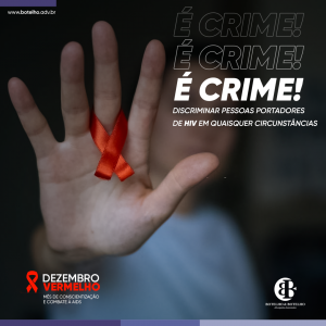 O mês de dezembro é marcado por ser o mês de conscientização de combate à AIDS. Assim como acontece com o Outubro Rosa, sobre o câncer de mama, e Novembro Azul, sobre o câncer de próstata, o Dezembro Vermelho tem como objetivo chamar atenção para as medidas de prevenção, assistência e proteção dos direitos das pessoas infectadas com o HIV.⠀ ⠀⠀⠀⠀⠀⠀⠀⠀⠀⠀⠀⠀⠀⠀⠀⠀⠀⠀⠀⠀⠀⠀⠀⠀⠀⠀⠀ ⠀  Por isso, vale destacar que qualquer tipo de discriminação pela condição de uma pessoa portadora de HIV é crime. Seja ele negar emprego, dificultar a permanência da pessoa em um local, dificultar atendimento na saúde ou expor a pessoa como soropositivo.⠀ A Lei 12.984, define o crime de discriminação dos portadores do vírus da imunodeficiência humana – HIV e doentes de AIDS, assim estabelece em seu artigo 1º⠀Art. 1º Constitui crime punível com reclusão, de 1 (um) a 4 (quatro) anos, e multa, as seguintes condutas discriminatórias contra o portador do HIV e o doente de aids, em razão da sua condição de portador ou de doente.⠀